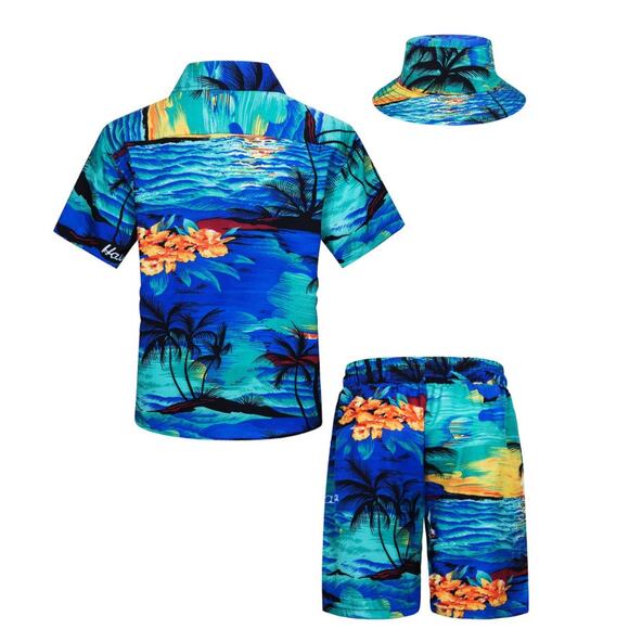 Tunevuse Boys Hawaiian 3pc Cabana Set Shirt Shorts Hat Blue Hawaii Print NEW - Picture 2 of 9